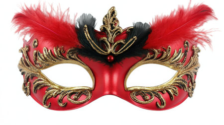 This stunning red and gold mask features intricate detailing, feathers, and ornamental designs, perfect for festive celebrations, parties, and theatrical events.の素材