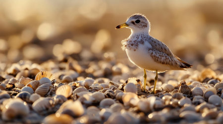 A young shorebird stands gracefully on a sandy beach covered with assorted seashells. The soft bokeh effect adds a serene ambiance, highlighting the delicate beauty of this coastal scene at sunset.の素材