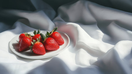 Fresh strawberries are arranged on a white plate, elegantly set against soft fabric, capturing natural light to enhance the vibrant colors and textures.の素材