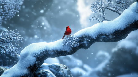 A stunning scene featuring a bright red bird perched gracefully on a snow-covered branch. Soft snowflakes fall gently, creating a serene winter atmosphere.の素材
