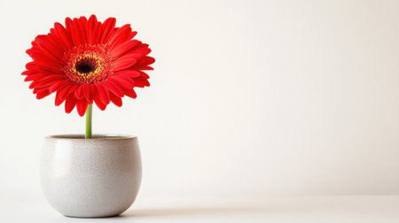 A captivating red gerbera daisy stands tall in a simple ceramic pot, offering elegance and beauty. The minimalistic backdrop enhances its vibrant color, making it a perfect addition for home decor or wellness themes.の素材
