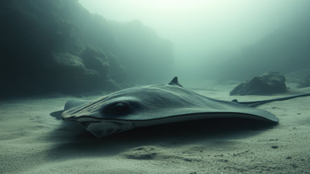 A stunning underwater scene features a graceful stingray resting on the sandy ocean floor. Soft light filters through the water, creating a tranquil atmosphere, showcasing the beauty of marine life in its natural habitat.の素材