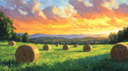 Enjoy a peaceful countryside scene featuring hay bales in a green field under the breathtaking colors of a sunset, creating a serene atmosphere.の素材
