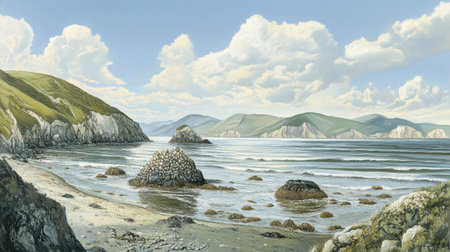 This stunning coastal landscape showcases a rocky shoreline with gentle waves and a bright blue sky filled with fluffy clouds, inviting relaxation and exploration.の素材