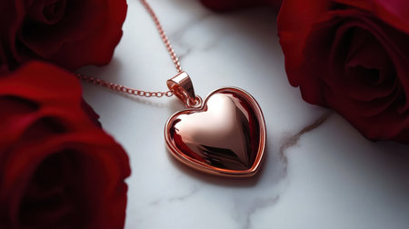A stunning heart-shaped pendant shines beautifully amidst vibrant red roses on a marble background, perfect for expressing love and elegance.の素材