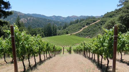 A picturesque vineyard scene featuring rows of vibrant grapevines stretching toward rolling green hills under a bright blue sky. Perfect for showcasing agriculture and nature.の素材