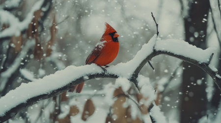 A striking cardinal bird sits gracefully on a snow-covered branch, surrounded by a serene winter landscape with falling snowflakes.の素材