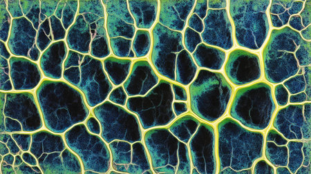 This captivating abstract image showcases vibrant cellular patterns in striking blue and green hues, highlighting intricate textures and shapes, perfect for creative projects.の素材