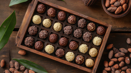 Discover a beautiful assortment of gourmet chocolate truffles arranged elegantly on a wooden tray, surrounded by cocoa beans and vibrant leaves.の素材