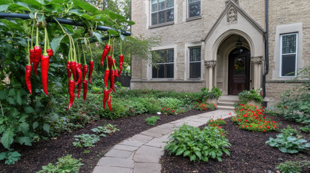 A stunning view of bright red chili peppers hanging gracefully in a lush garden, complemented by a charming stone home and vibrant flowers.の素材