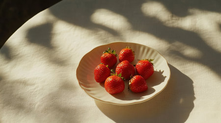 A beautiful arrangement of fresh strawberries on a plate captures the essence of summer. Soft natural lighting creates delicate shadows on the textured tablecloth, enhancing the vibrant red color of the fruit. Perfect for food styling or culinary use.の素材