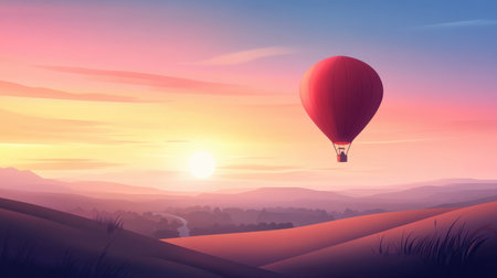 A vibrant hot air balloon drifts gracefully above lush rolling hills at sunrise, capturing the essence of adventure and serenity in a picturesque landscape.の素材
