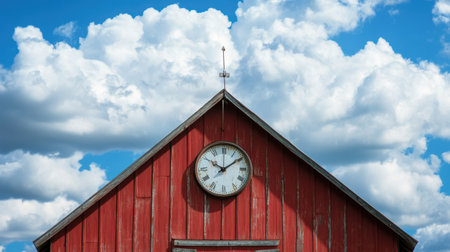 A picturesque vintage red barn featuring a round clock on its gable, set against a backdrop of vibrant blue skies and fluffy white clouds.の素材