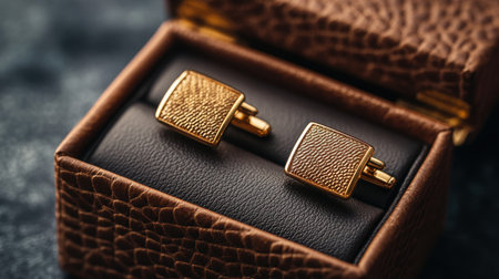 This image features a pair of elegant gold cufflinks displayed in a textured brown box, perfect for gifting or showcasing sophisticated formal accessories.の素材
