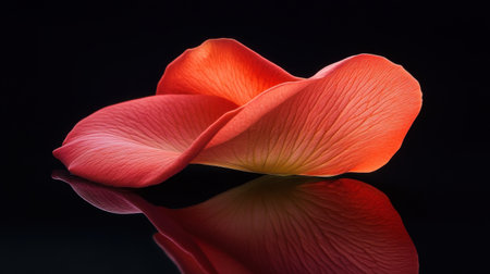 A stunning close-up image of a vibrant petal showcasing intricate veins and smooth curves, beautifully reflected on a dark surface, emphasizing natural beauty.の素材