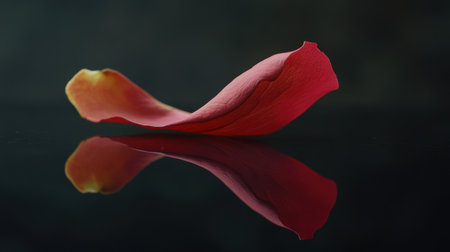 A single red petal gracefully lies on a reflective surface, creating a serene and captivating composition ideal for nature or artistic themes.の素材