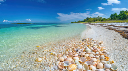 A stunning coastal scene featuring a white sandy beach adorned with an array of colorful shells, crystal clear waters, and a vibrant blue sky.の素材
