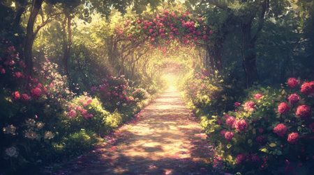 A captivating scene showcasing a sunlit pathway framed by vibrant blooming roses, creating an enchanting forest ambiance perfect for tranquility and beauty.の素材