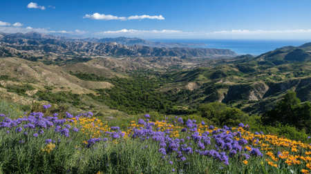 This breathtaking image showcases a stunning coastal landscape filled with vibrant wildflowers in the foreground and majestic mountains in the background. The clear blue sky enhances the beauty of this serene nature scene, perfect for inspiring dreams of outdoor adventure and peaceful retreats.の素材