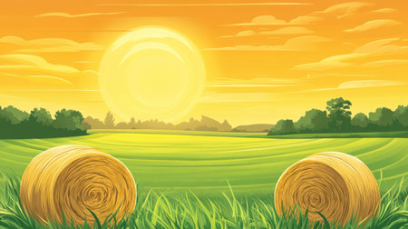 A picturesque landscape featuring golden hay bales in a lush green field under a radiant orange sky, creating a serene and warm atmosphere.の素材