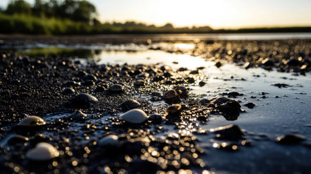 A mesmerizing close-up of glimmering water droplets resting on wet sand, captured during sunrise in a peaceful natural setting, highlighting tranquility.の素材