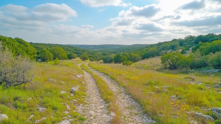 Peaceful landscape featuring a winding gravel path surrounded by vibrant greenery under a bright blue sky, perfect for nature enthusiasts.の素材