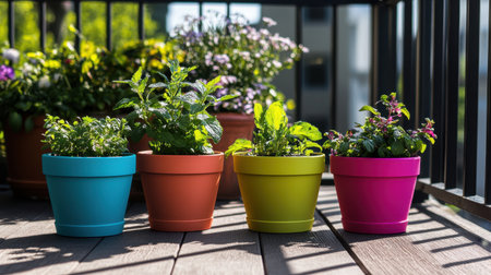 This image showcases a vibrant collection of potted herbs arranged on a sunny balcony. The colorful pots complement the lush greenery, creating a refreshing outdoor space.の素材
