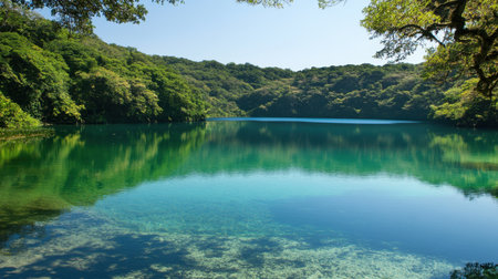 This picturesque scene captures a tranquil lake surrounded by vibrant greenery and a clear blue sky, evoking peace and natural beauty perfect for relaxation.の素材