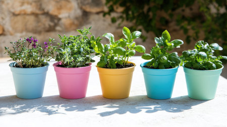 This vibrant image features colorful pots filled with fresh herbs and flowers against a natural background, perfect for gardening enthusiasts and home decor inspiration.の素材