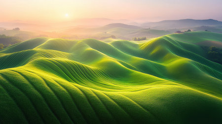 A breathtaking view of lush green hills shaped by gentle undulations, illuminated by the warm colors of a sunrise, creating a peaceful and serene atmosphere.の素材