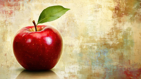 A stunning red apple with a vibrant green leaf sits against a warm textured background, symbolizing freshness and healthy living. Perfect for food-related themes.の素材