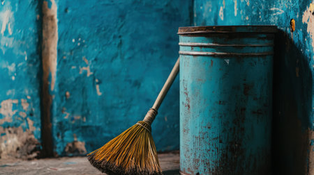 An old broom rests beside a blue trash can in a rustic setting, featuring peeling paint and textured walls, showcasing everyday cleaning tools in an urban space.の素材
