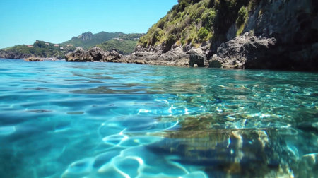 A picturesque view showcasing serene turquoise waters lapping against rugged rocks under a clear blue sky. Ideal for summer vacation and outdoor themes.の素材