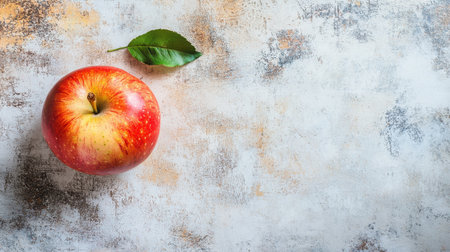 A vibrant red apple with a green leaf rests on a rustic surface, symbolizing freshness and health. Perfect for food-related themes and wellness concepts.の素材