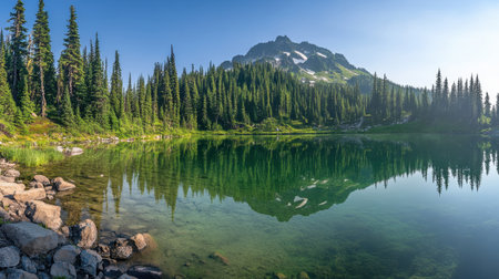 A captivating view of a tranquil lake reflecting a majestic mountain, surrounded by dense evergreen trees under a bright sky. Ideal for nature lovers.の素材