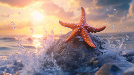 A striking orange starfish rests on a rocky outcrop by the ocean. The scene features gentle waves crashing against the rocks, with a stunning sunset illuminating the sky, creating a serene and picturesque coastal atmosphere.の素材