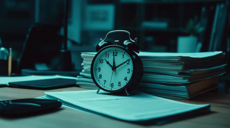 A vintage alarm clock sits prominently on a wooden desk adorned with stacks of paperwork and office supplies, creating a serene yet focused workspace atmosphere.の素材