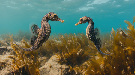 This stunning underwater image captures two seahorses gracefully swimming among swaying marine plants, showcasing the enchanting beauty of ocean life.の素材