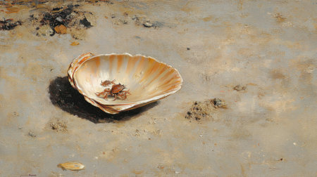 A serene beach scene featuring a delicate shell cradling a small crab, highlighting the intricate details and textures found in nature.の素材