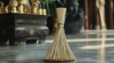 This image features a beautifully crafted traditional broom placed in a calm indoor setting, surrounded by decorative statues and natural light, emphasizing craftsmanship.の素材