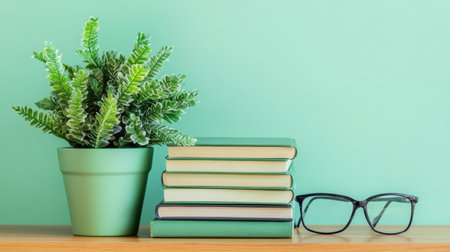 A serene arrangement featuring a stack of green books, stylish glasses, and a lush potted plant against a soft green background, perfect for educational themes.の素材