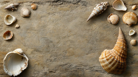 A stunning assortment of various seashells arranged on a rustic stone background, ideal for coastal-themed projects, decor inspirations, and nature photography.の素材
