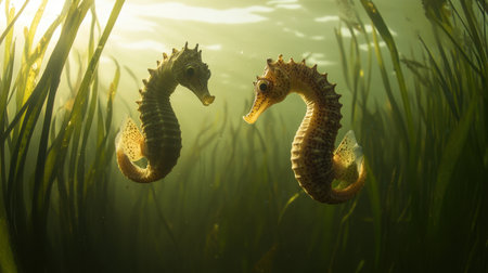 This captivating image features two seahorses engaged in a delicate interaction amidst a lush aquatic environment, showcasing the beauty and tranquility of underwater life.の素材