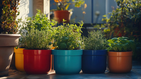 A vibrant collection of colorful pots filled with fresh herbs creates a cheerful atmosphere in a sunlit garden, perfect for home decoration and gardening ideas.の素材