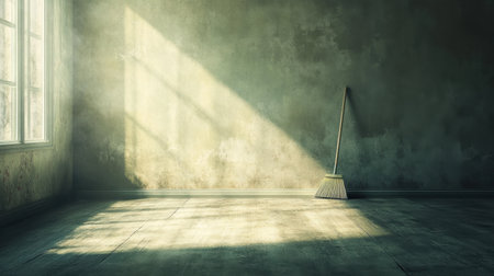 A tranquil room features a broom against a dirty wall, with soft sunlight streaming through a window, creating dramatic shadows on the floor.の素材