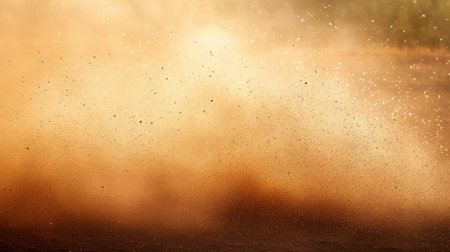 An aerial view of a dust cloud generated by a vehicle moving through a remote area, captured during sunrise. The warm light enhances the rich textures.の素材
