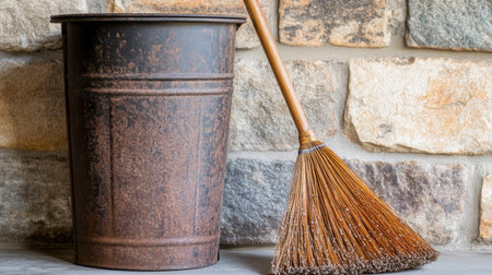 This image features a vintage metal bin paired with a wooden broom, set against a rustic stone wall, perfect for home decor or cleaning themes.の素材