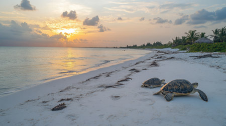Two sea turtles bask on a serene beach at sunrise, surrounded by soft sand and gentle waves, offering a glimpse into coastal wildlife beauty.の素材
