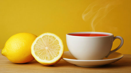 A steaming cup of hot beverage accompanied by fresh lemon slices on a wooden surface against a vibrant yellow background, evoking warmth and refreshment.の素材