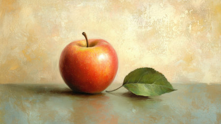 A beautifully styled image of a fresh red apple accompanied by a vibrant green leaf, set against a softly blended rustic background, ideal for food-related content.の素材